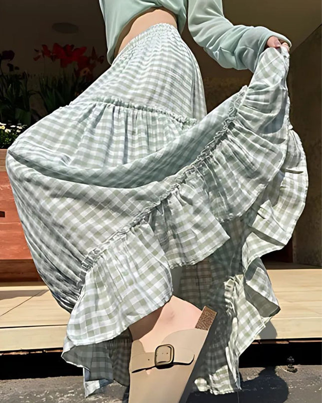 Korean Style Gingham Layered High-Waist A-Line Skirt