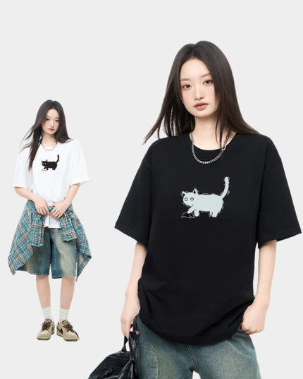 Minimalist Cat Sketch Printed Tee