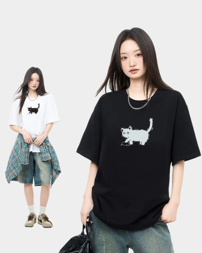 Minimalist Cat Sketch Printed Tee
