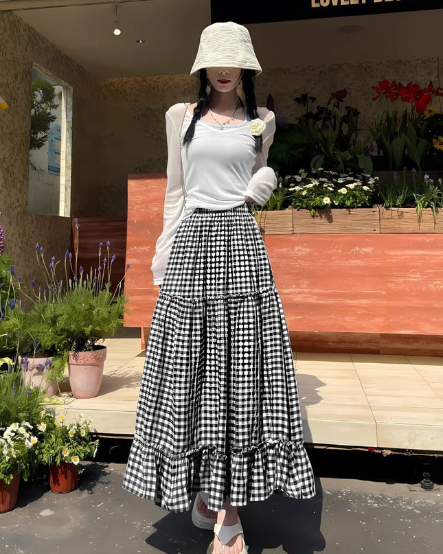 Korean Style Gingham Layered High-Waist A-Line Skirt