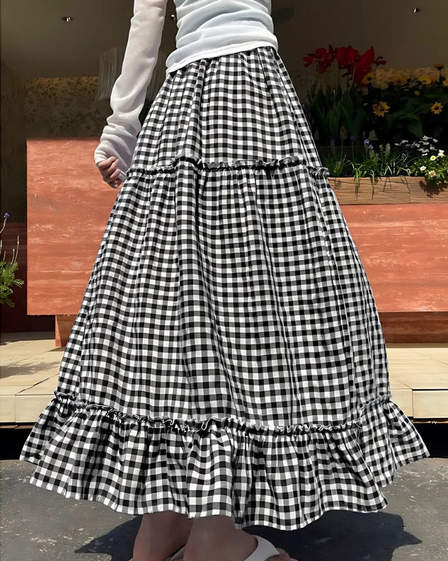 Korean Style Gingham Layered High-Waist A-Line Skirt