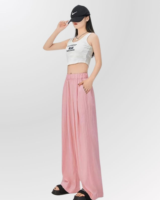 High Waist Wide Leg Ice Silk Linen Blend Pants