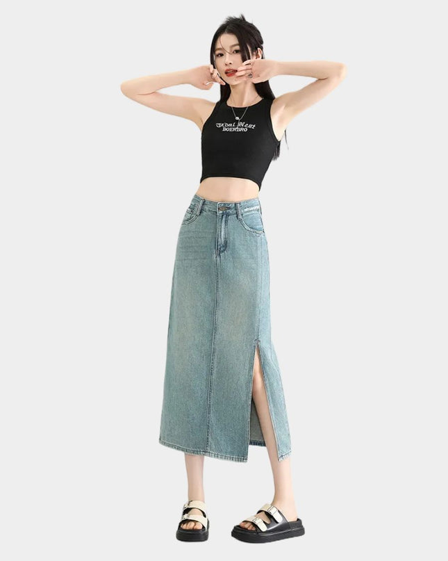 High-Waist Denim Midi Skirt