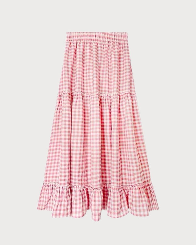Korean Style Gingham Layered High-Waist A-Line Skirt