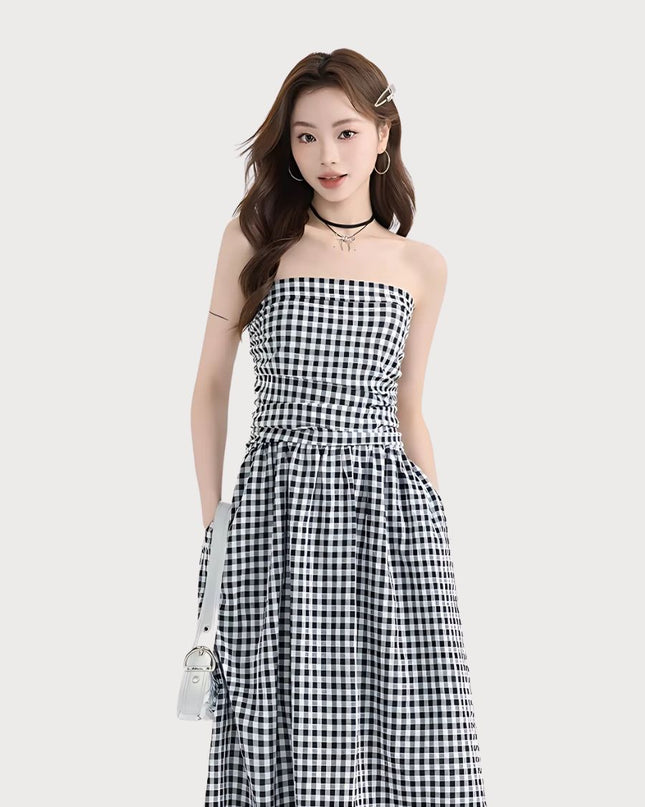 Black & White Strapless Gingham Dress Set
