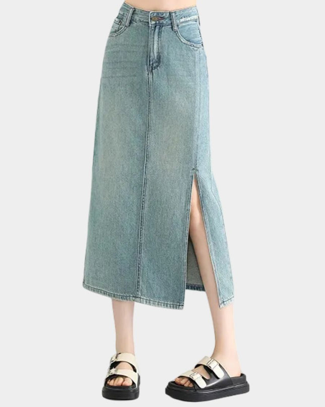 High-Waist Denim Midi Skirt