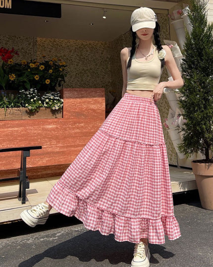 Korean Style Gingham Layered High-Waist A-Line Skirt