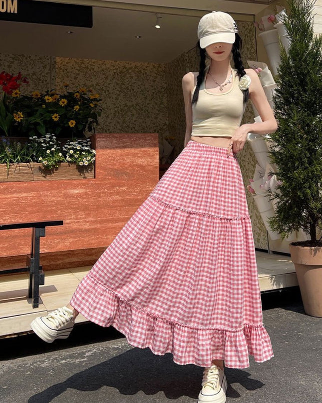 Korean Style Gingham Layered High-Waist A-Line Skirt