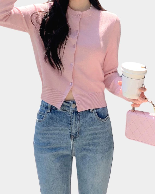 Basic Knit Cardigan Slim Fit Cropped Long Sleeve Top