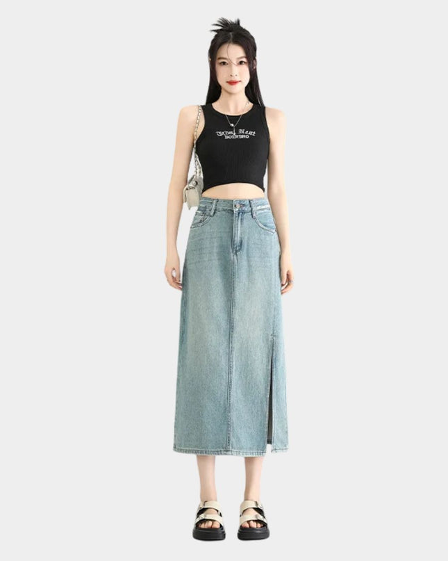High-Waist Denim Midi Skirt