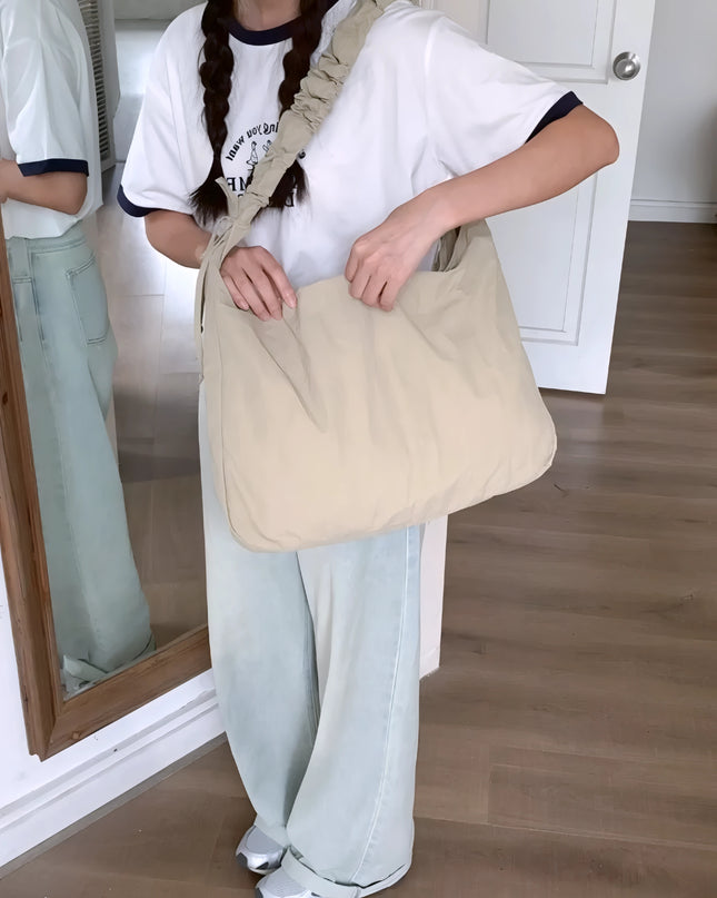 Beg Bahu Nilon Drawstring Spring – Reka Bentuk Awan Warna Pepejal