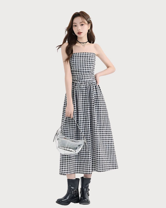 Black & White Strapless Gingham Dress Set