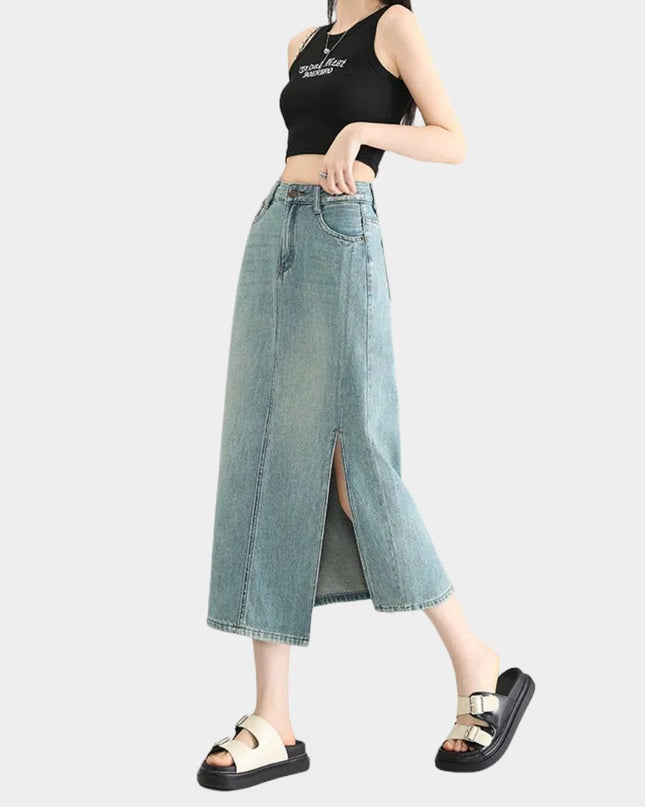 High-Waist Denim Midi Skirt