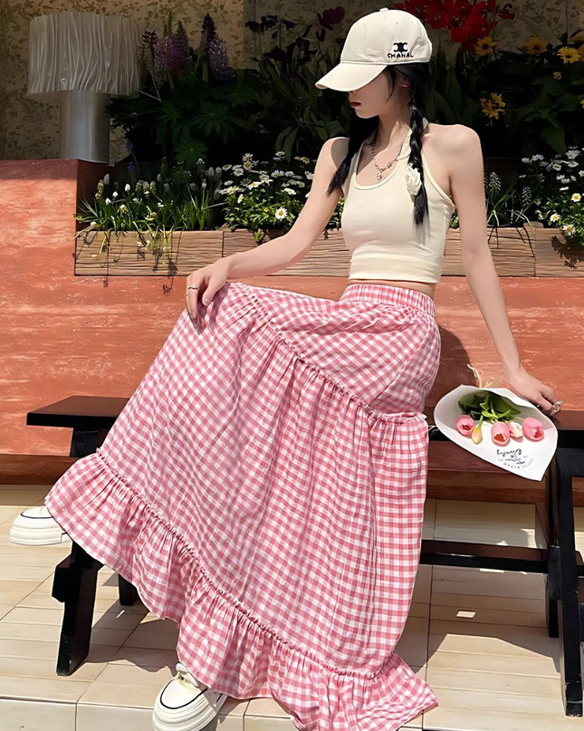 Korean Style Gingham Layered High-Waist A-Line Skirt