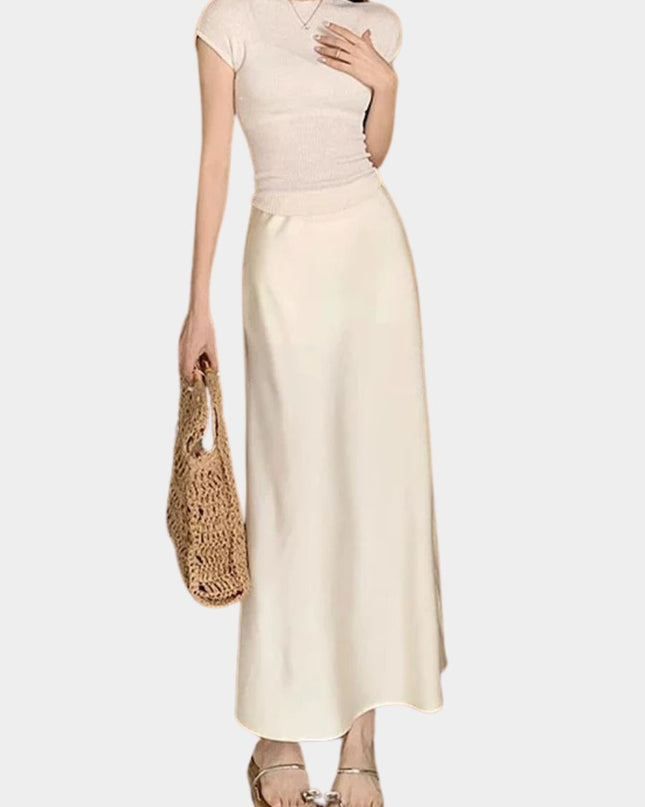 High Waist Satin Fishtail A-Line Maxi Skirt