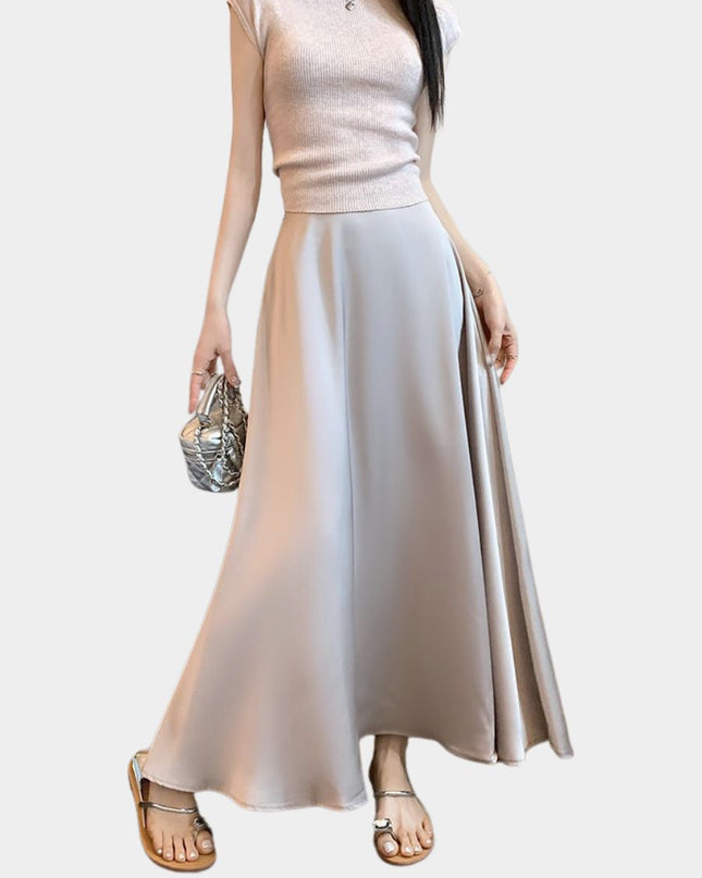 High Waist Satin Fishtail A-Line Maxi Skirt