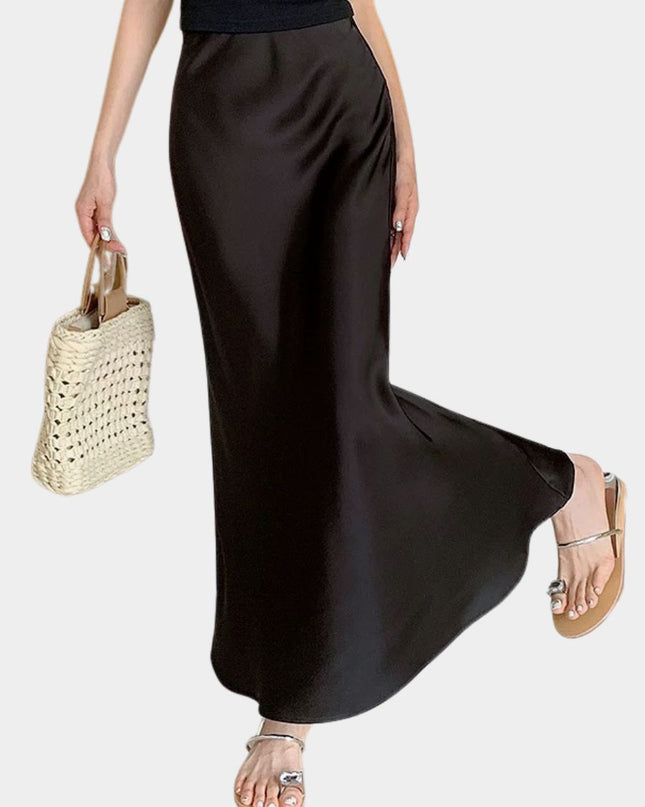 High Waist Satin Fishtail A-Line Maxi Skirt