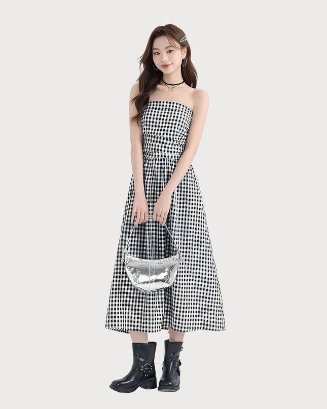 Black & White Strapless Gingham Dress Set