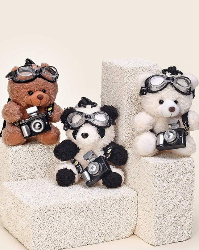 Pilot Bear with Flashing Camera Plush Keychain