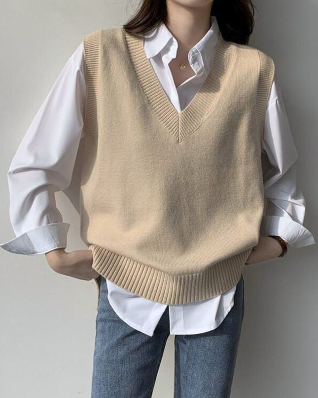 V-Neck Knit Sweater Vest – Loose Fit Sleeveless Pullover