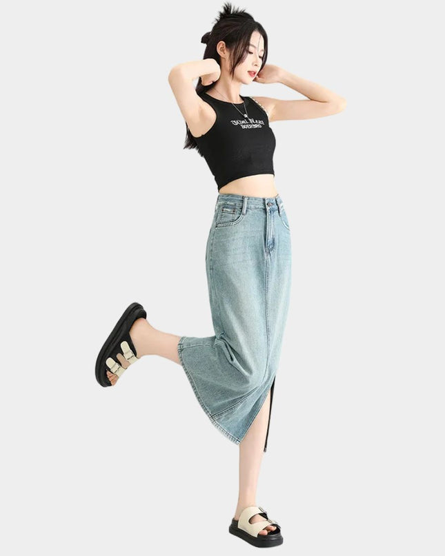 High-Waist Denim Midi Skirt