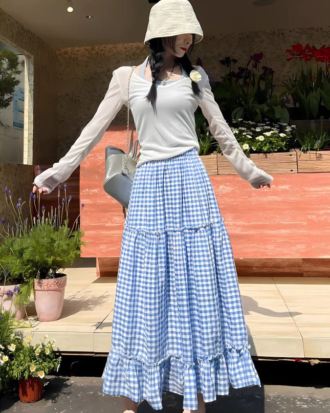 Korean Style Gingham Layered High-Waist A-Line Skirt