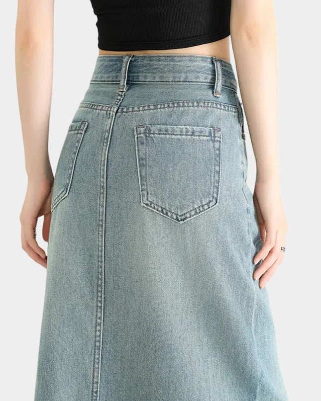 High-Waist Denim Midi Skirt
