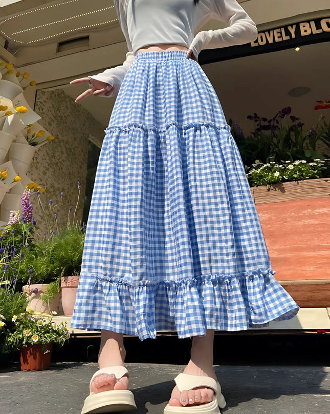 Korean Style Gingham Layered High-Waist A-Line Skirt