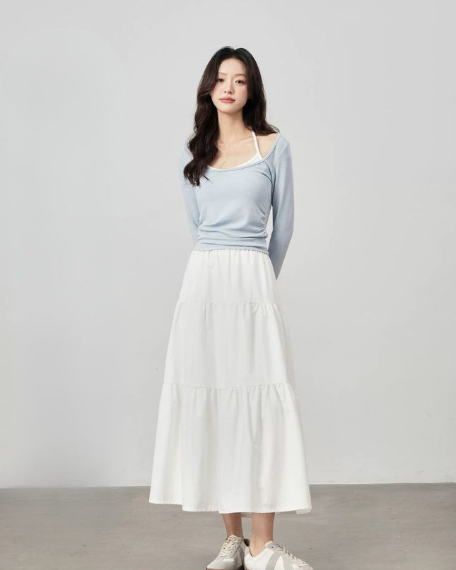 High-Waist Ruffle Hem Midi Skirt