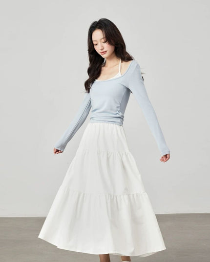 High-Waist Ruffle Hem Midi Skirt