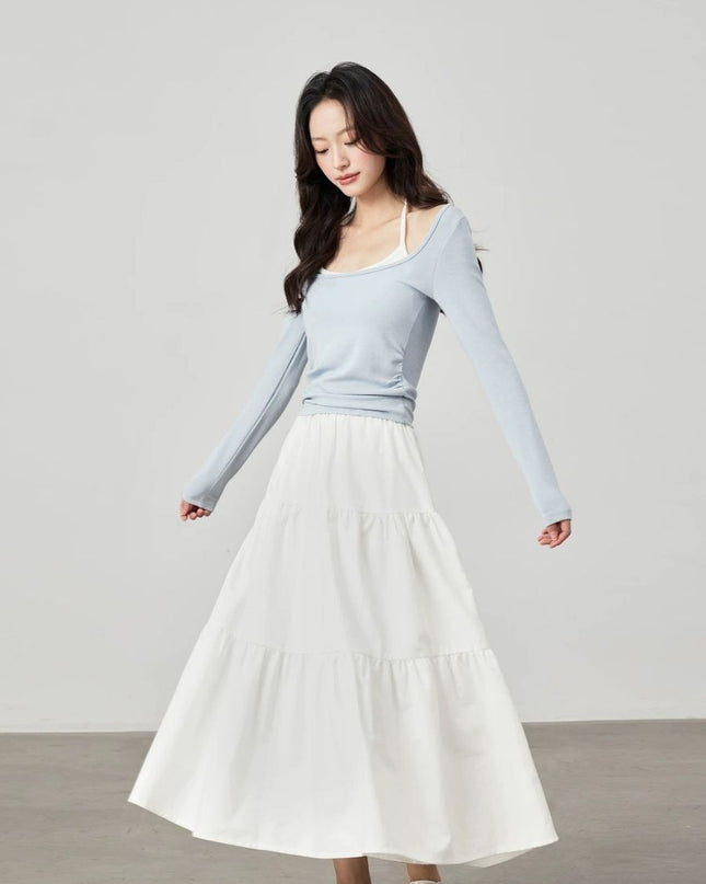 High-Waist Ruffle Hem Midi Skirt