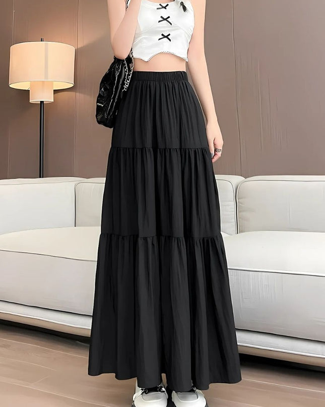 High-Waist Ruffle Hem Midi Skirt