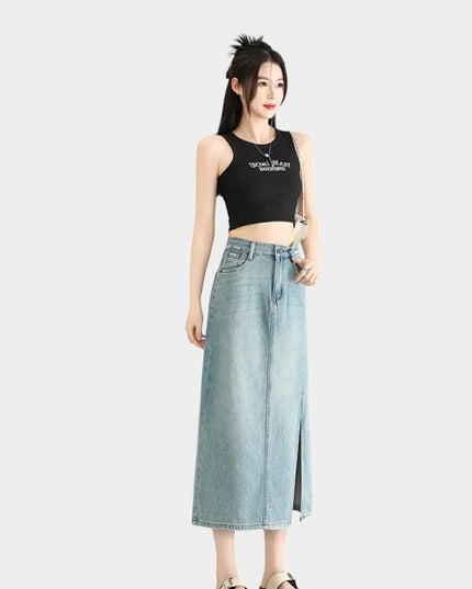 High-Waist Denim Midi Skirt