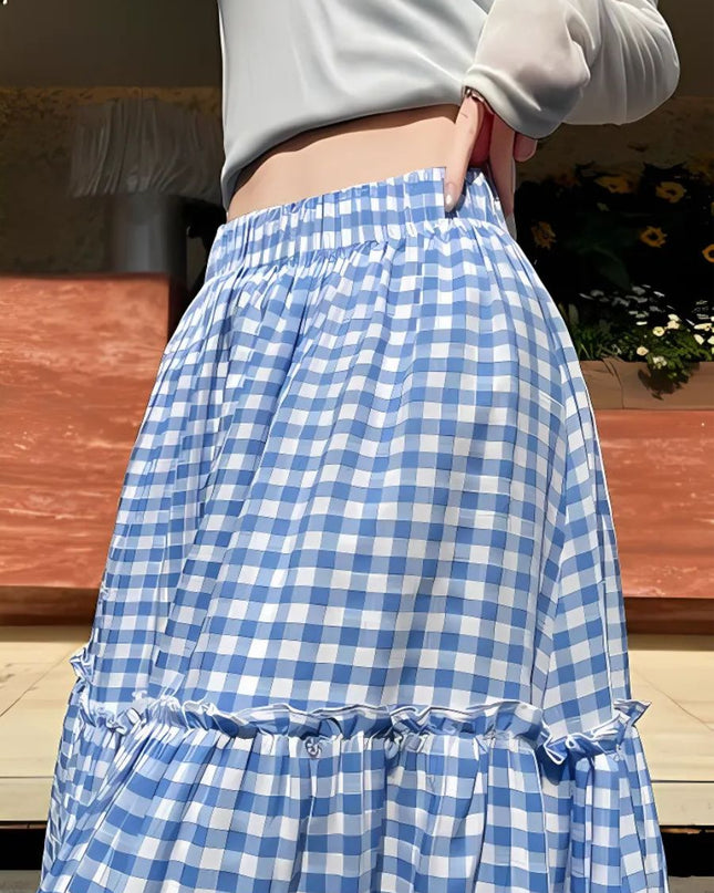 Korean Style Gingham Layered High-Waist A-Line Skirt