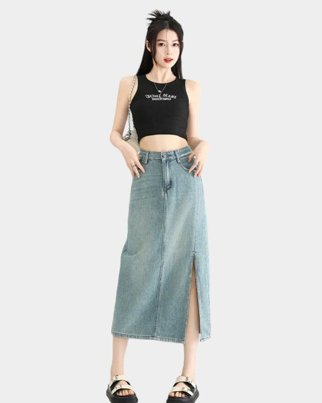 High-Waist Denim Midi Skirt