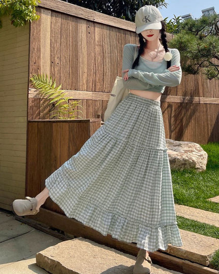 Korean Style Gingham Layered High-Waist A-Line Skirt