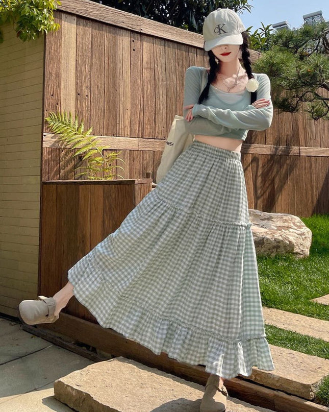 Korean Style Gingham Layered High-Waist A-Line Skirt