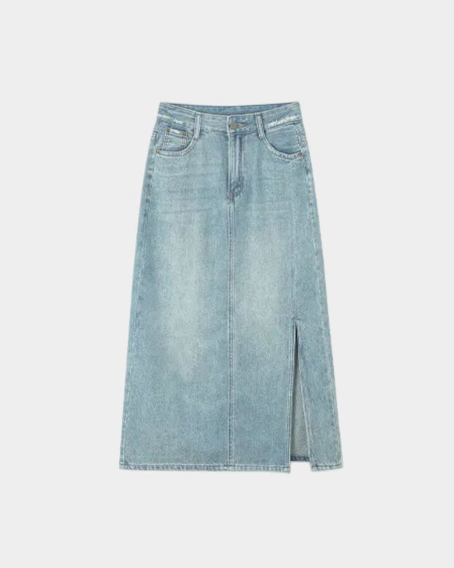 High-Waist Denim Midi Skirt