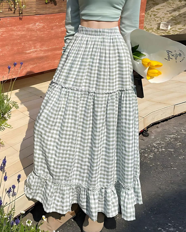 Korean Style Gingham Layered High-Waist A-Line Skirt
